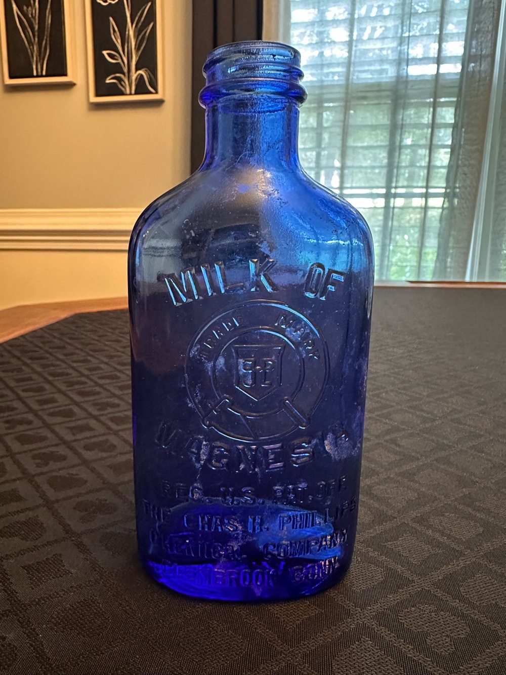 Vintage Phillips Milk of Magnesia Cobalt Blue Glass Bottle 7" Embossed Genuine